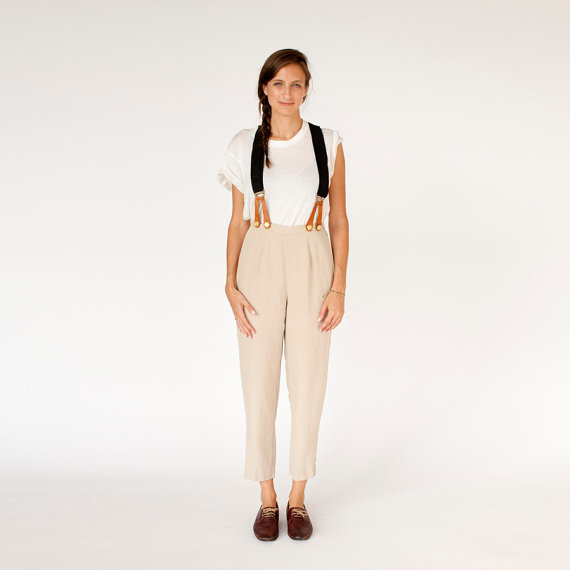 Annie Hall Khaki silk trousers with suspenders small by PleiadesVintage 