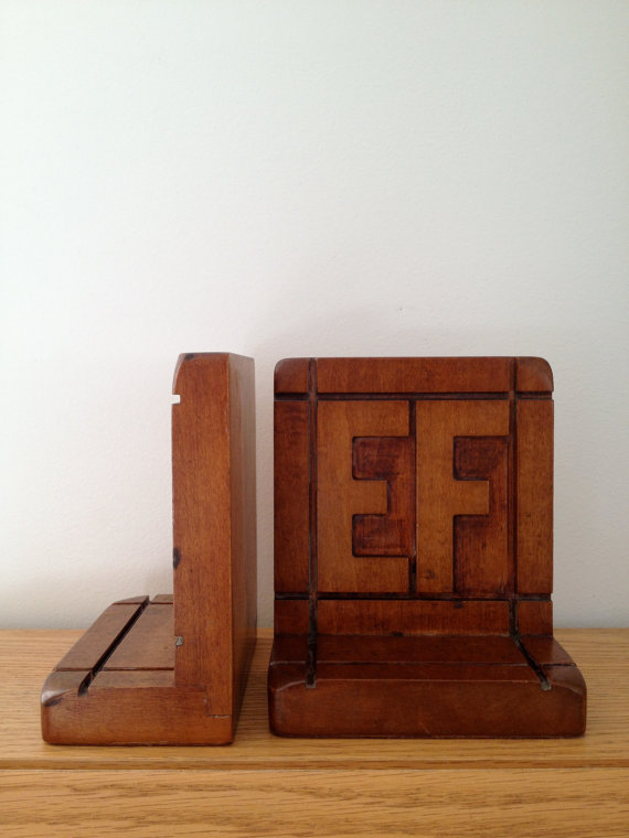 vintage carved walnut wood ef initials bookends by vintspiration