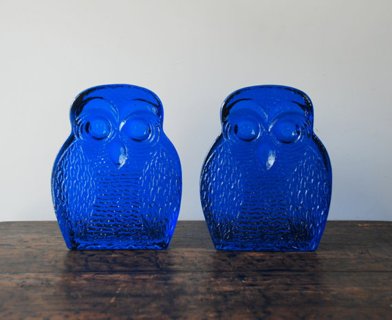 1960's Blenko Cobalt Blue Glass Owl Bookends by AntiqueLane 
