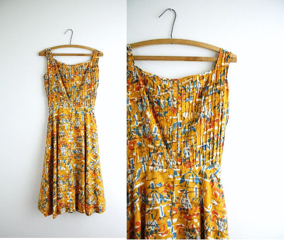 Vintage Abstract Day Dress . 50s Orange Ethnic Print Dress . 1950s by CapriciousTraveler 