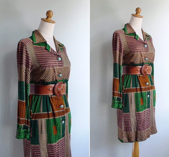 Vintage 70's African Tribal Print Jersey Shirt Dress S or M by fivestonesvintage