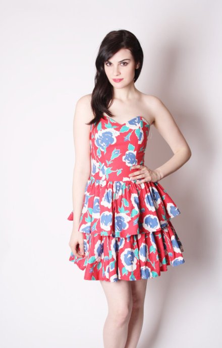 Strapless Floral Short Ruffle Cotton Party Dress / 80s Party Dress / Sweetheart Neckline Dress via aiseirigh 