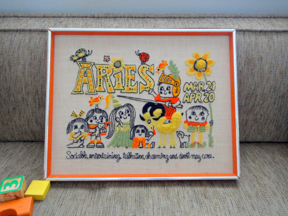 Vintage Aries Orange Embroidered Wall Hanging by TheOddBin 