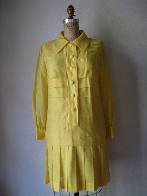 vintage 1960s to 1970s dress / carlette yellow drop waist mod shift horizontal layers pleated skirt by SHESABETTIE 
