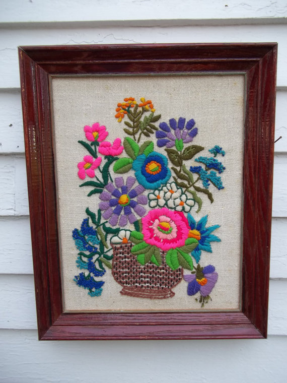 Vintage Crewel Embroidery Framed Flower Picture by ssmith7157 
