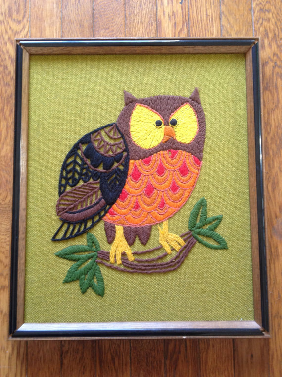 1970's Owl Needlepoint Picture by DumpstrDivingDiva 