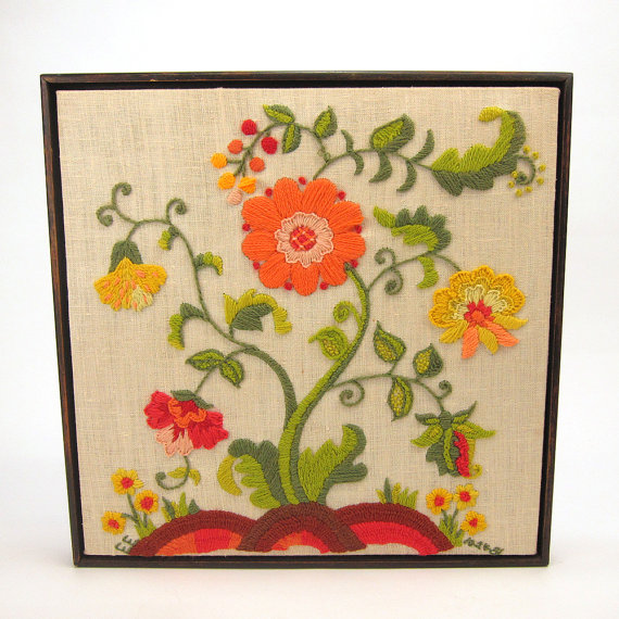 Vintage flower tree crewel embroidery - Jacobean inspired - framed - orange - yellow - green by RecentHistory 