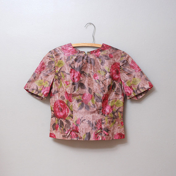 1950s Blouse - Rose Print Shell Top by OldFaithfulVintage 