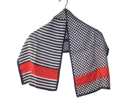 Vintage Navy , White & Red Sailor Check and Stripes Long Scarf by AmyVintagetreasures 