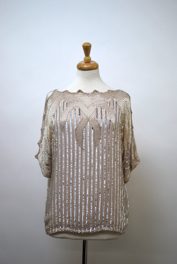 1980's Judith Ann Cream Silk Beaded and Sequined Blouse - size medium by govintagego 