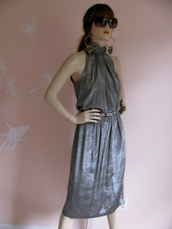 Liquid Silver Vintage 1980s Metallic Silver Sleeveless Party Dress by gracevintage