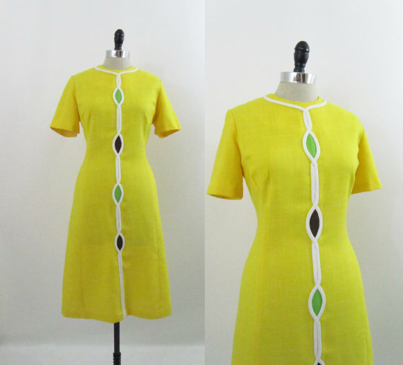 Vintage 1960s Dress Mod Yellow Helix Shift M L by 4birdsvintage