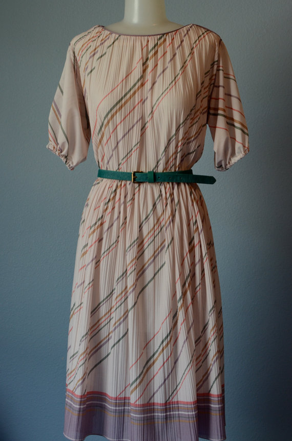 80s Beige Short Sleeve Stripe Micro Pleated Dress-Large by FaithLoveVintage 