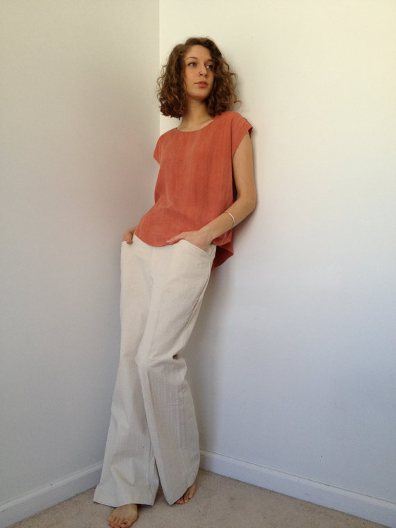 vintage 70s new off white cotton wide leg trousers m by vintspiration