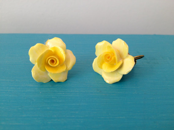vintage 50s denton fine china yellow roses earrings by vintspiration