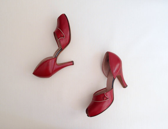 40s-50s Red Leather D'Orsay peep-toe babydoll Heels with winged vamps by vintagewise