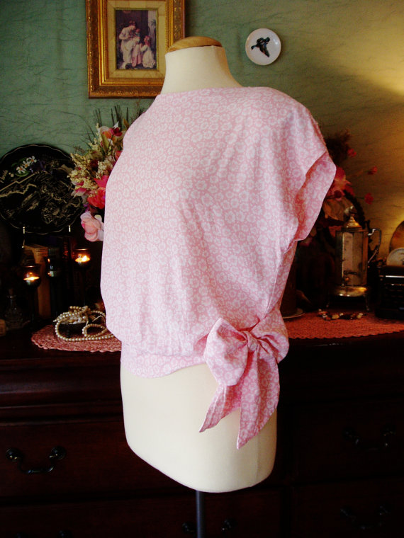 Baby Pink Polka Dot Floral Summer Short Sleeve Shirt with Bow Tie Waist by Lady Carol Size L 14 by SwampLilyEmporium 