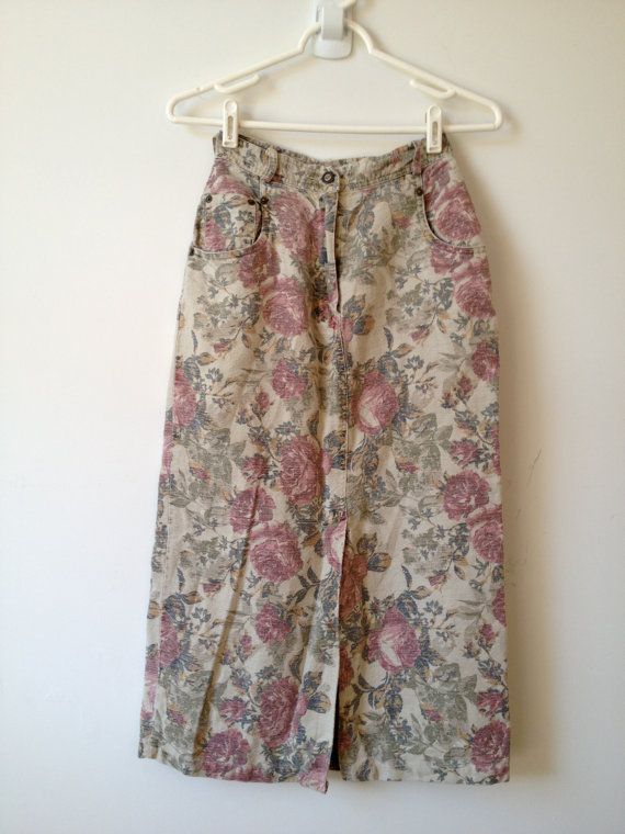 vintage 90s faded rose floral print pencil skirt xs by vintspiration