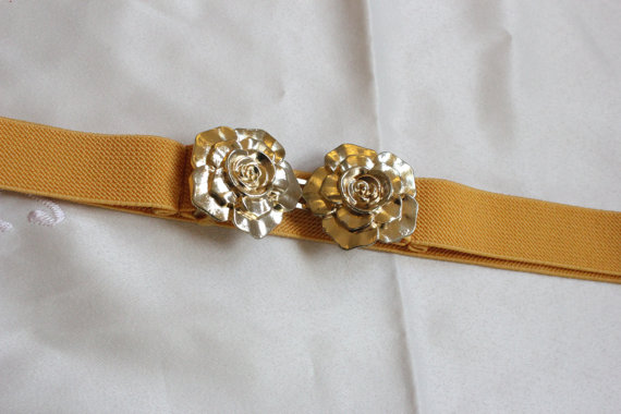 Mustard Yellow Elastic Belt with Rose Buckle by ClementinesBoutique
