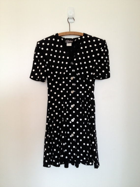 vintage 80s black and white polka dot mini sailor collar dress s m by vintspiration