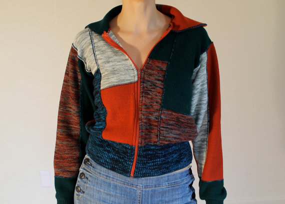 Women's patchwork sweater, zip up with marled pattern, 1960's - 1970's by joyridevintage
