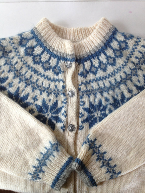 Vintage Dale of Norway Wool Sweater Cardigan / Blue White Nordic Snowflake Pattern / Vintage Scandinavian Folk Knit by VintageByBeth