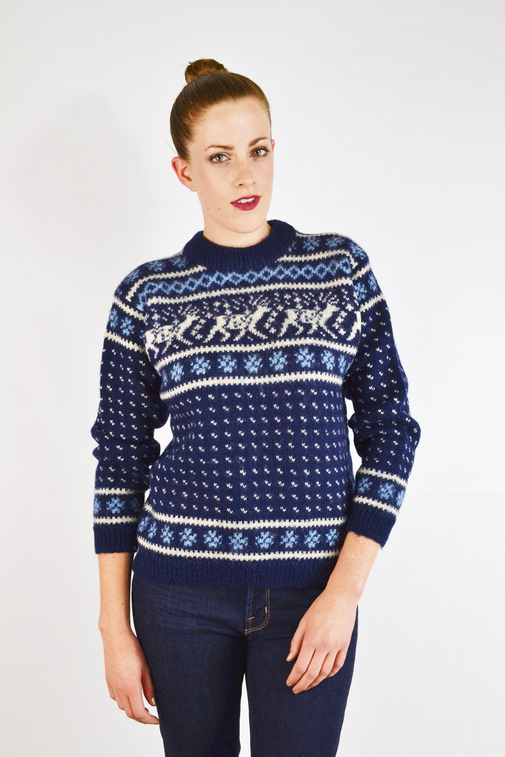 80s dale of norway sweater, blue fair isle sweater, blue fairisle sweater, blue nordic sweater, blue ski sweater, reindeer snowflake by trashyvintage