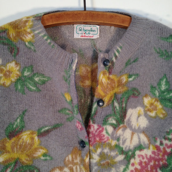 vintage 80s benetton gray floral wool cardigan sweater l xl