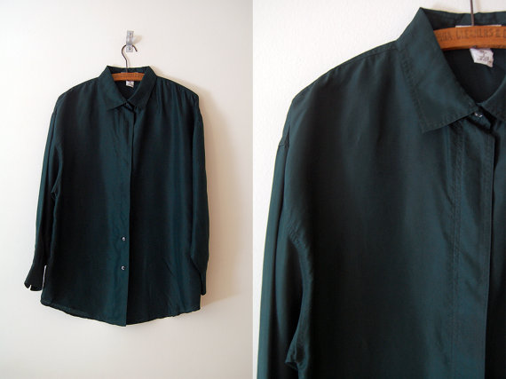 Vintage Express forest green silk blouse / 1980s S-M