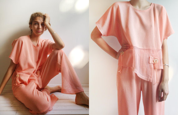 Vintage 1980s Peach Mesh Beachwear set Small - Medium