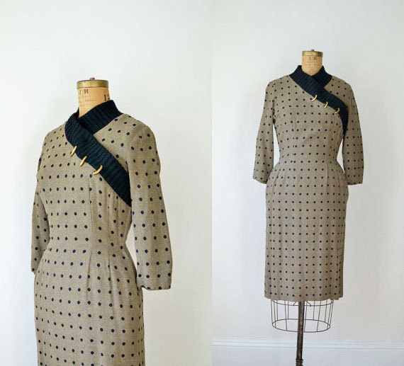 1950s Polka Dot Wiggle Dress / 50s Wool Sweater Dress by FemaleHysteria