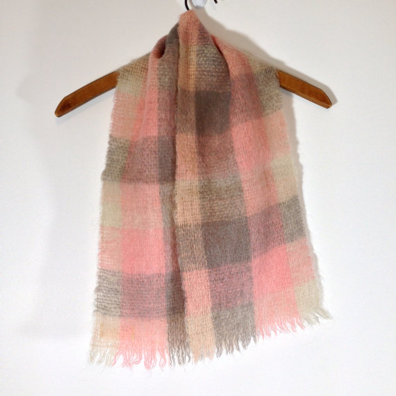 vintage 60s scottish mohair and wool pink and gray plaid scarf